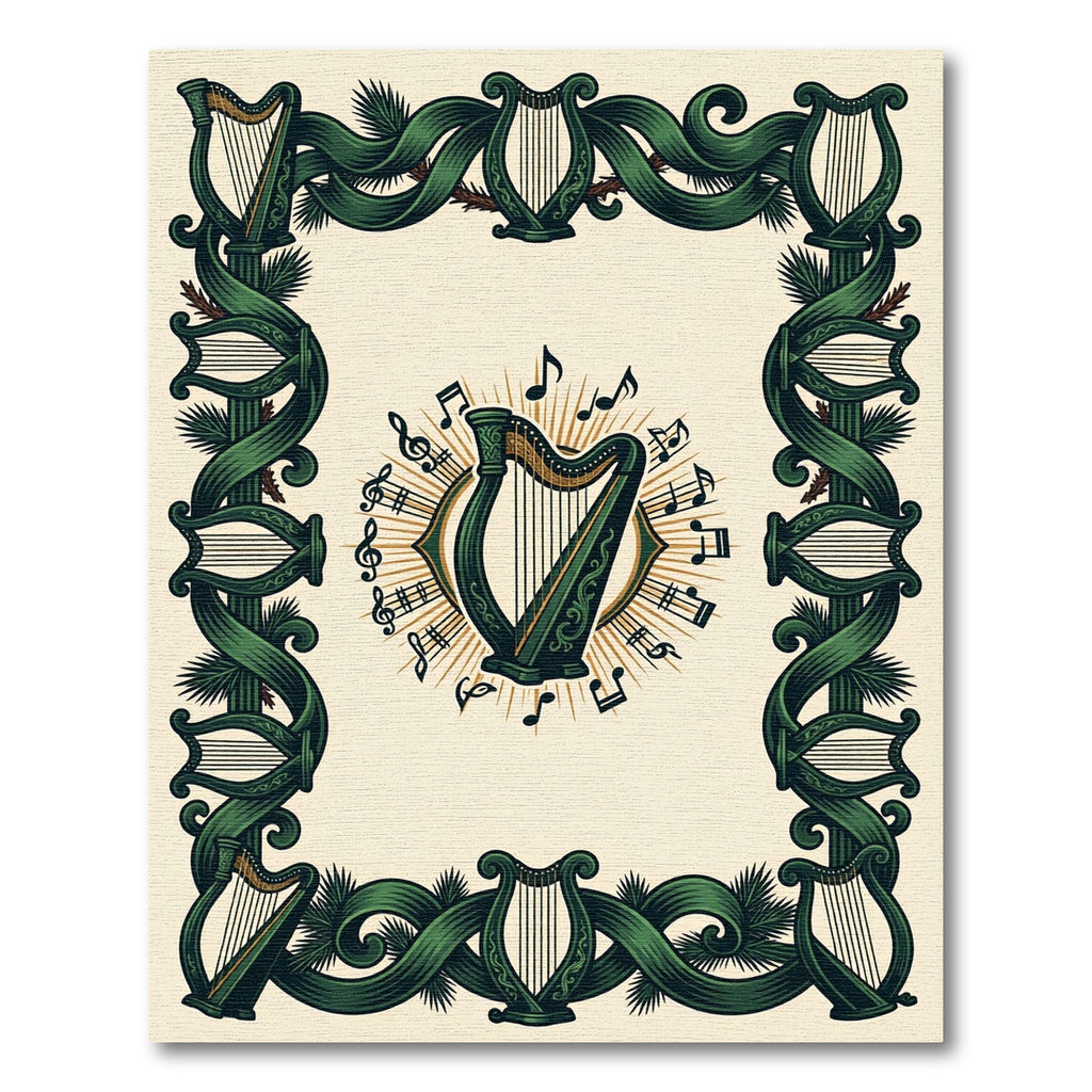Ornate Emerald Harp Musical Border Rug