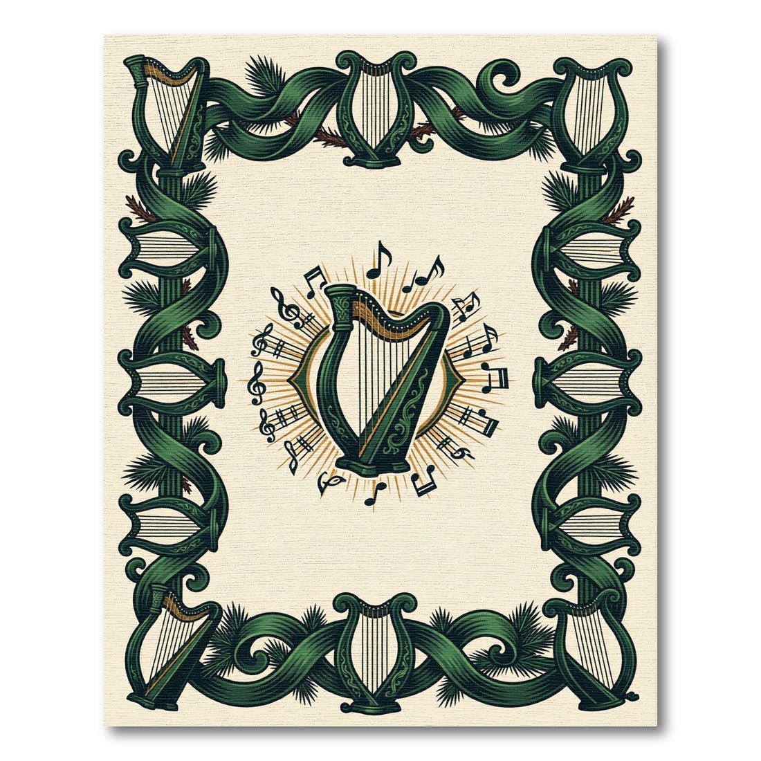 Ornate Emerald Harp Musical Border Rug