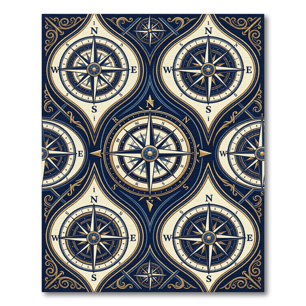 Vintage Navy Gold Nautical Compass Grid Rug
