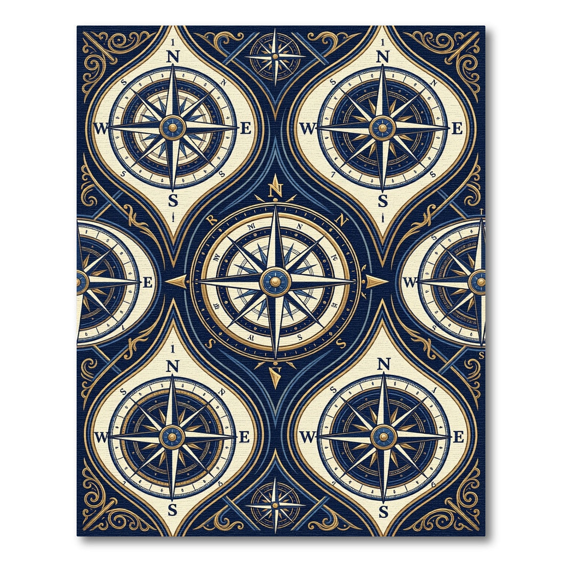 Vintage Navy Gold Nautical Compass Grid Rug