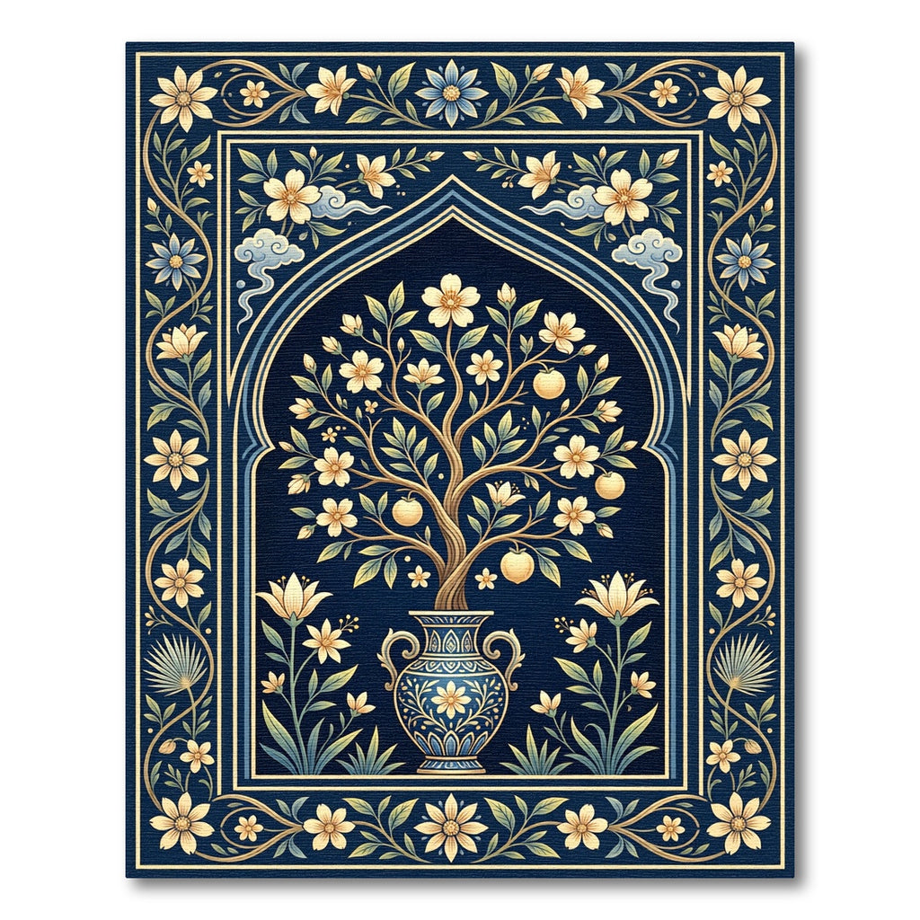 Elegant Midnight Blue Floral Urn Area Rug