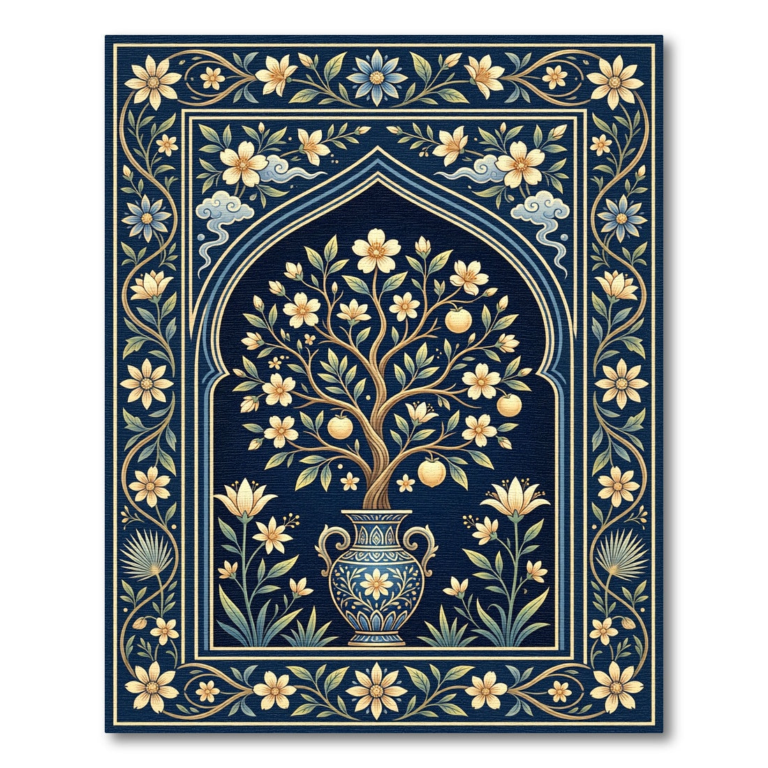 Elegant Midnight Blue Floral Urn Area Rug