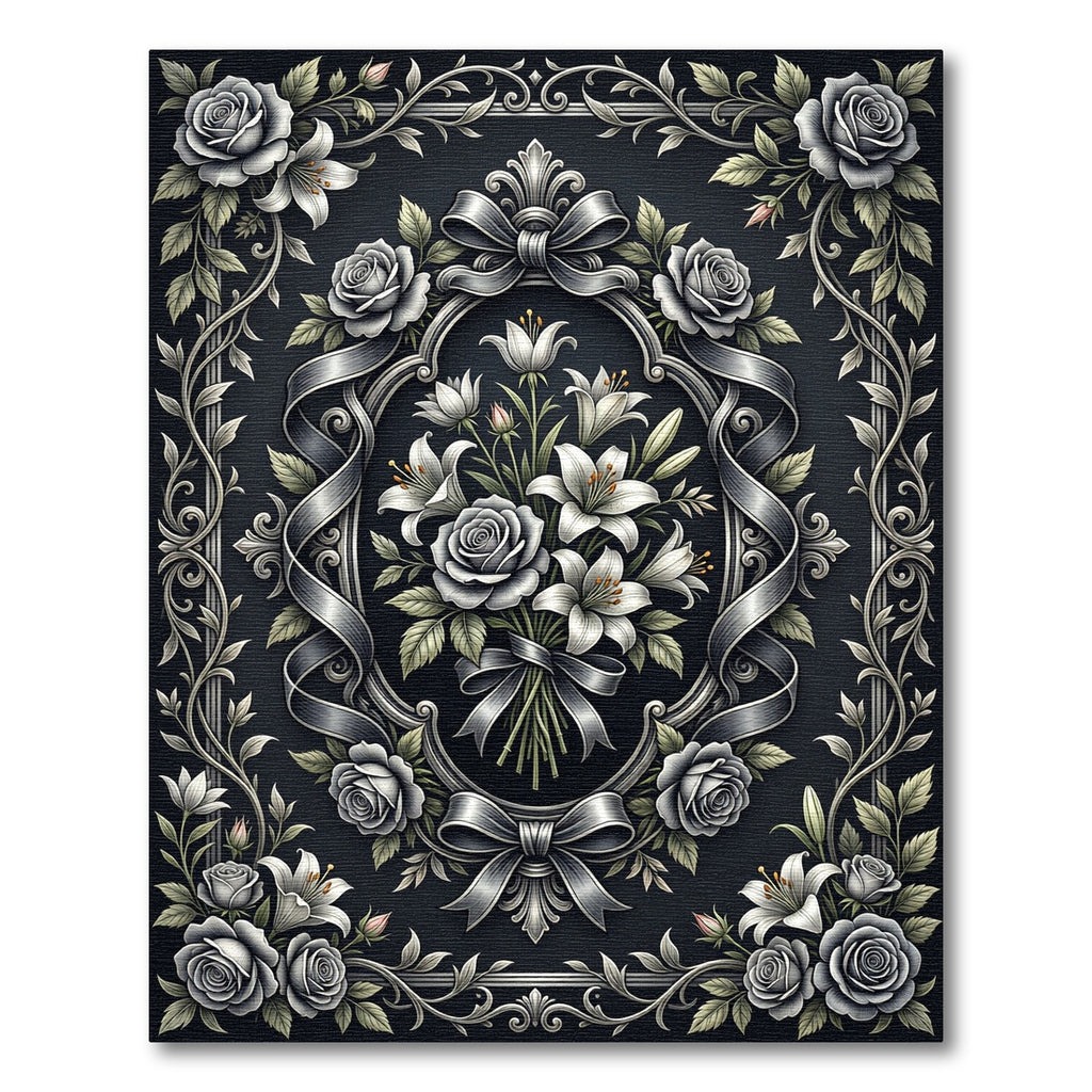 Elegant Monochrome Floral Bouquet Ribbon Frame Rug