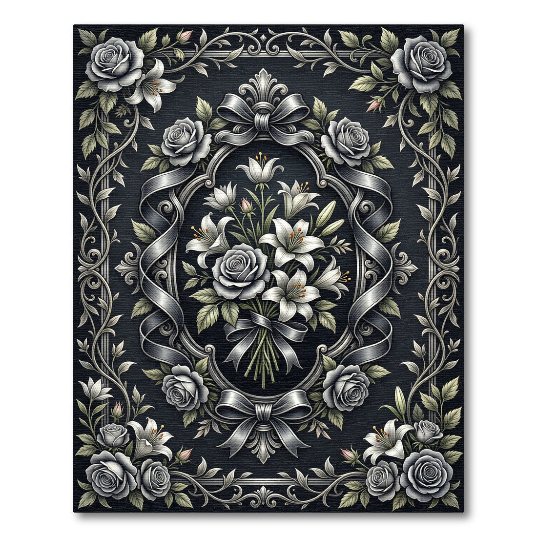 Elegant Monochrome Floral Bouquet Ribbon Frame Rug