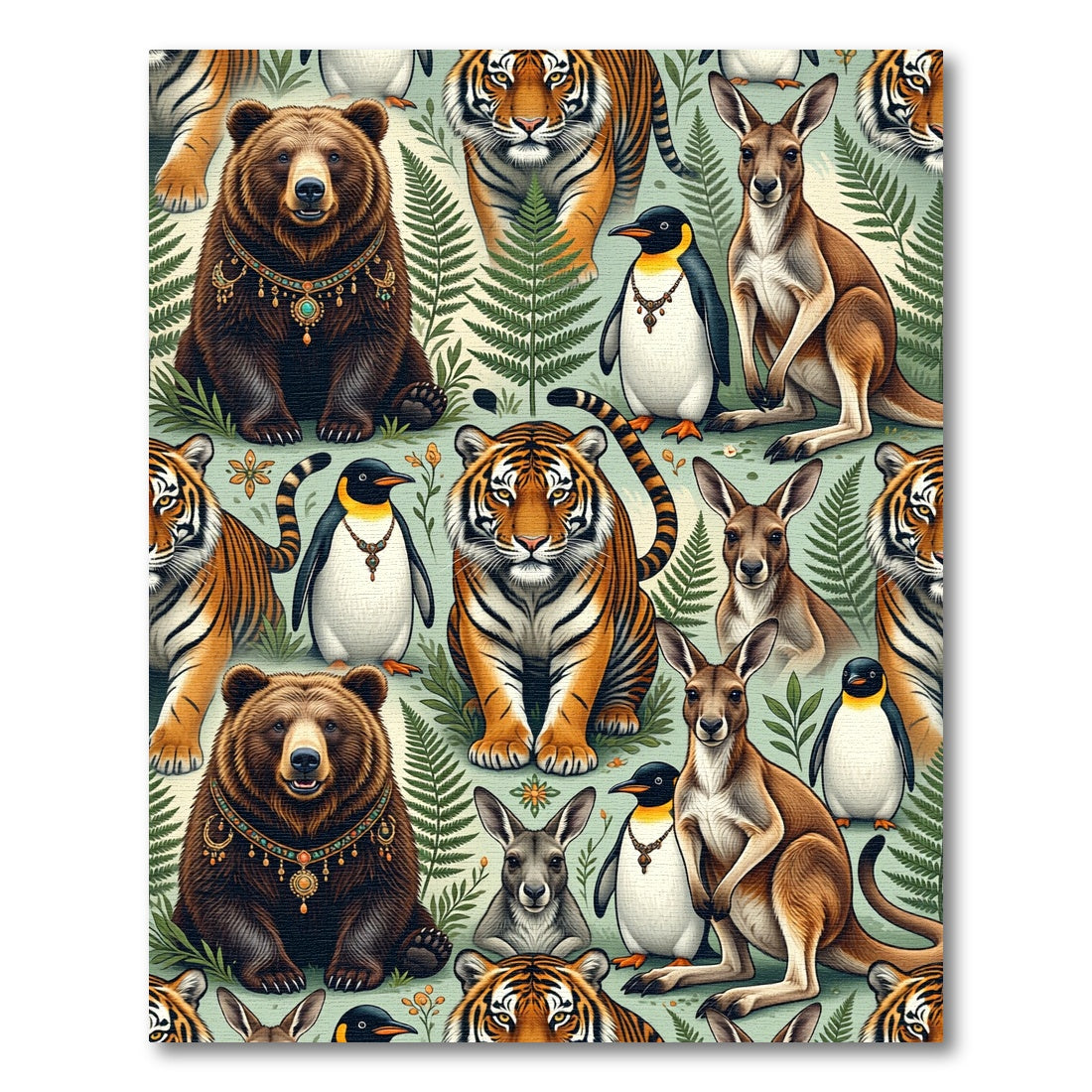 Whimsical Jungle Animal Fern Folk Art Rug