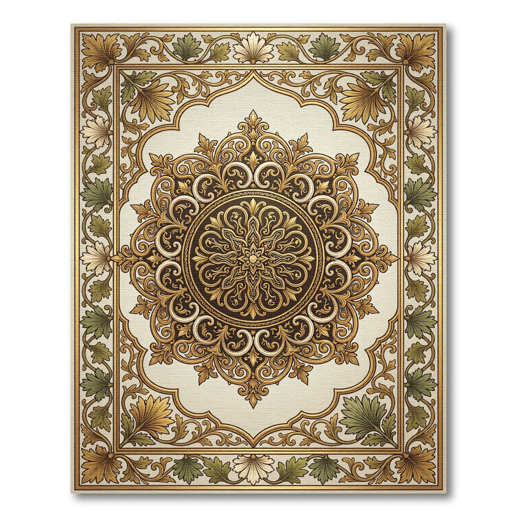 Golden Brown Floral Medallion Frame Rug