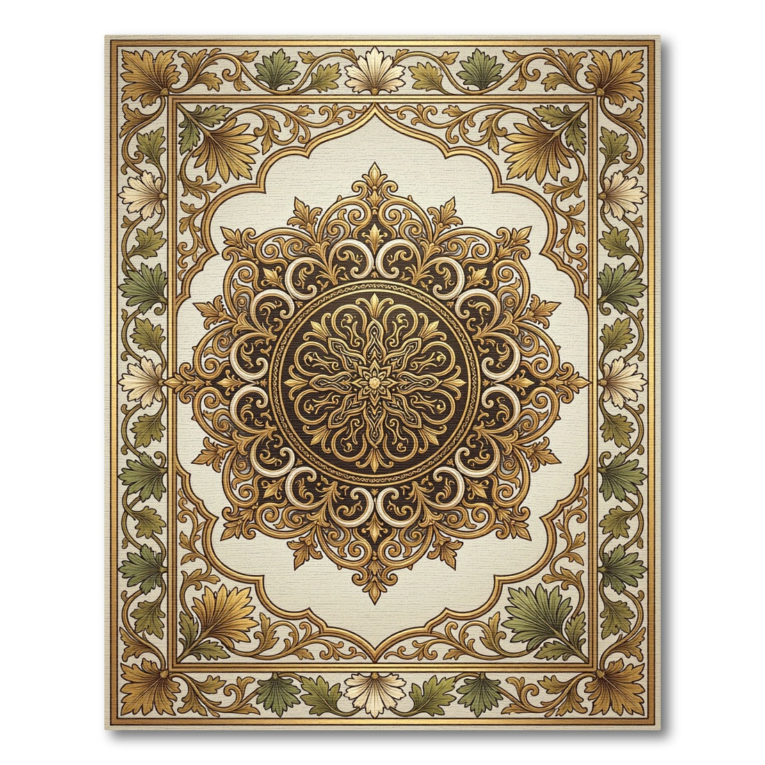 Golden Brown Floral Medallion Frame Rug