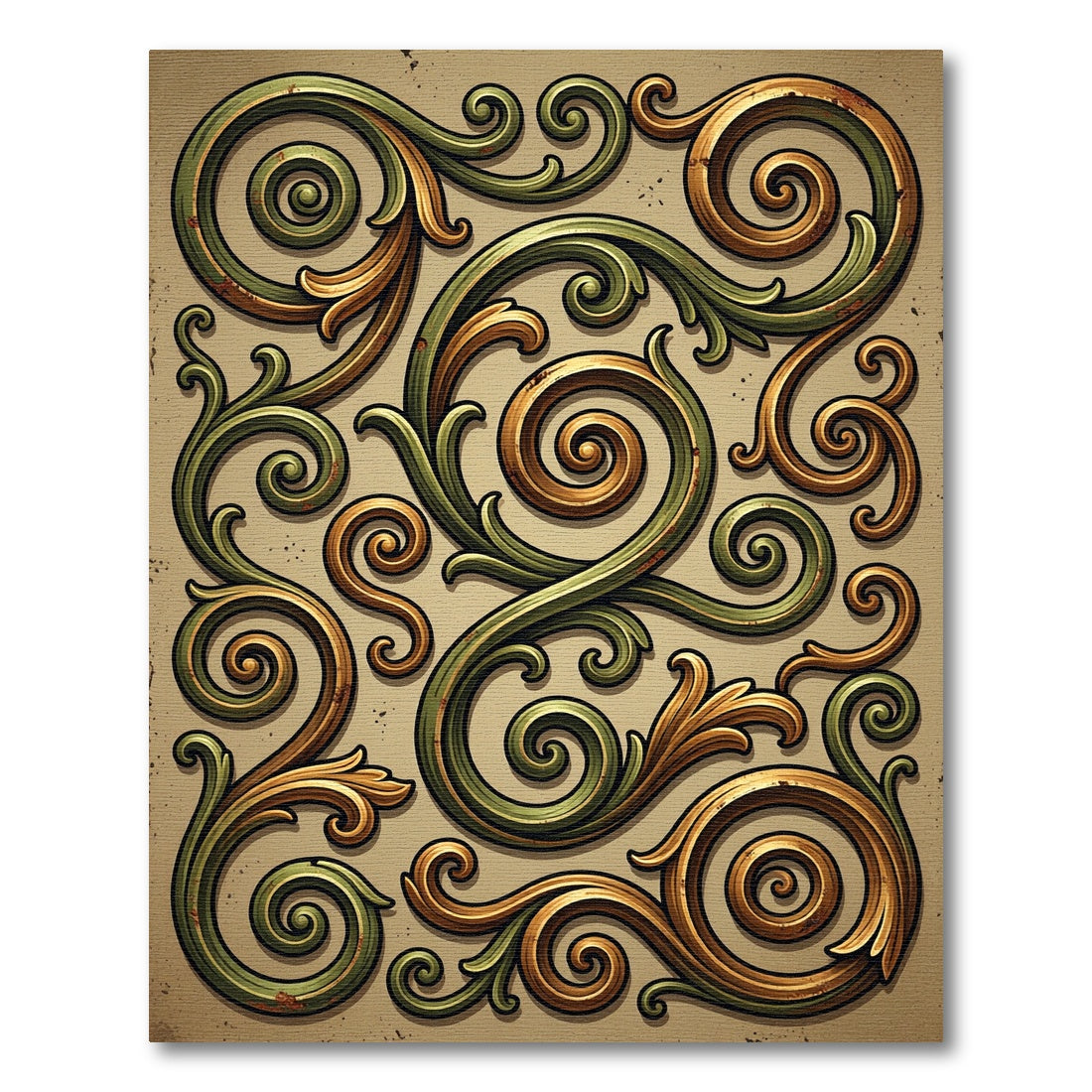 Ornate Green Gold Swirl Scroll Rug