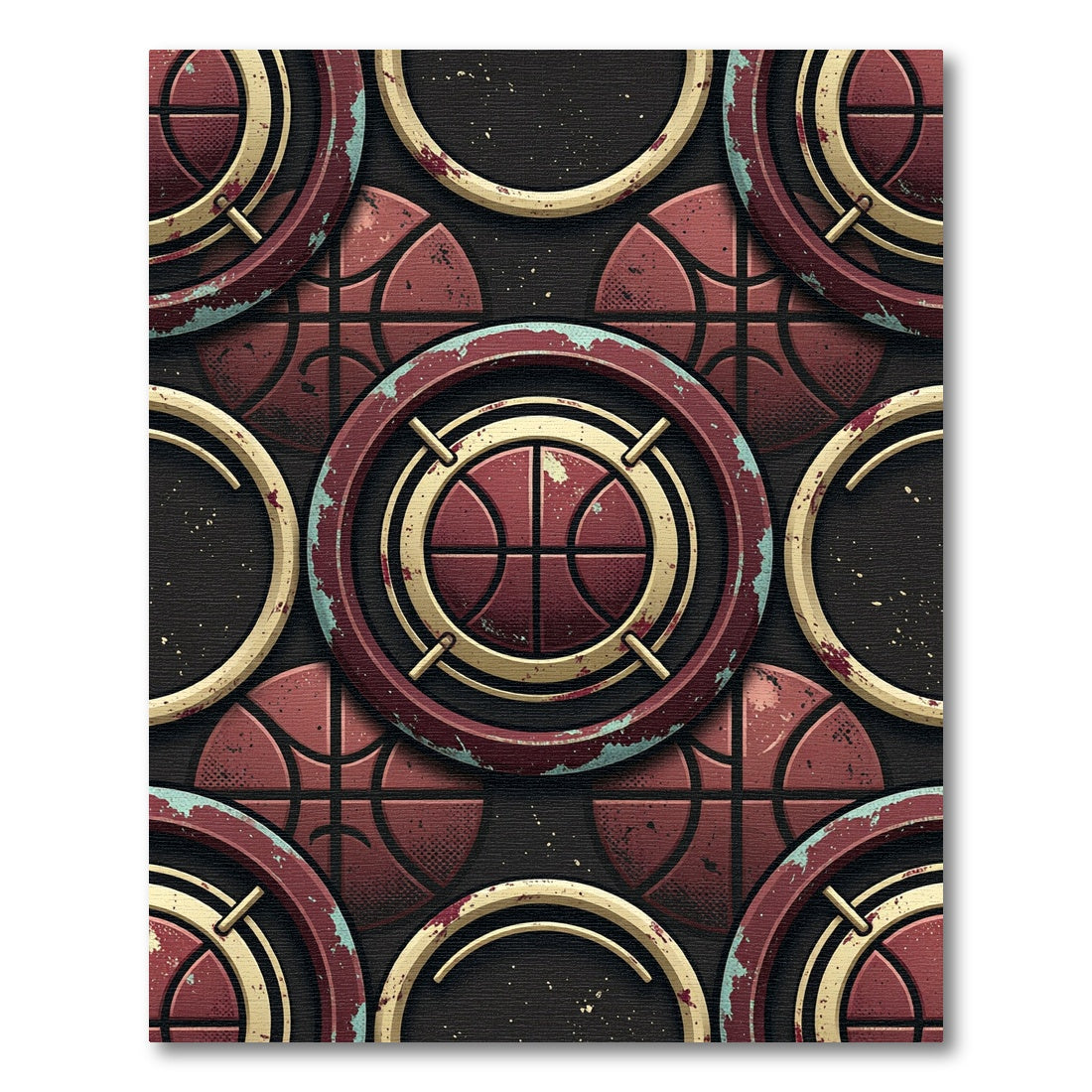 Distressed Maroon Basketball Target Geometric Art Rug