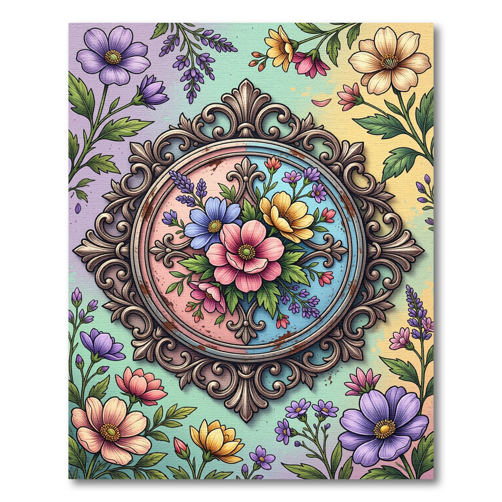 Pastel Floral Medallion with Ornate Frame Rug