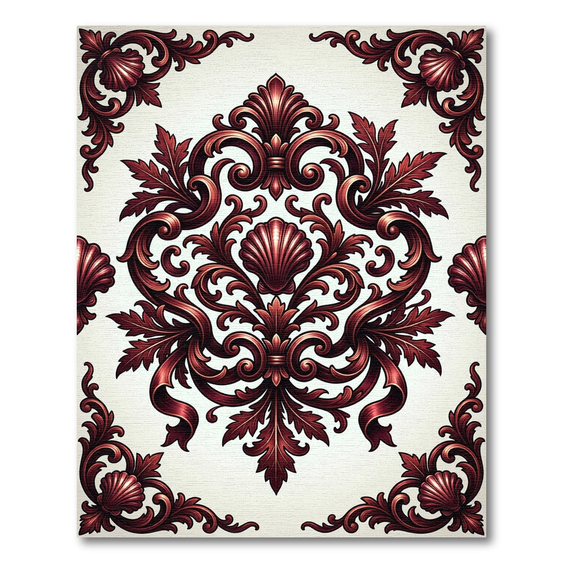 Ornate Burgundy Baroque Shell Damask Rug