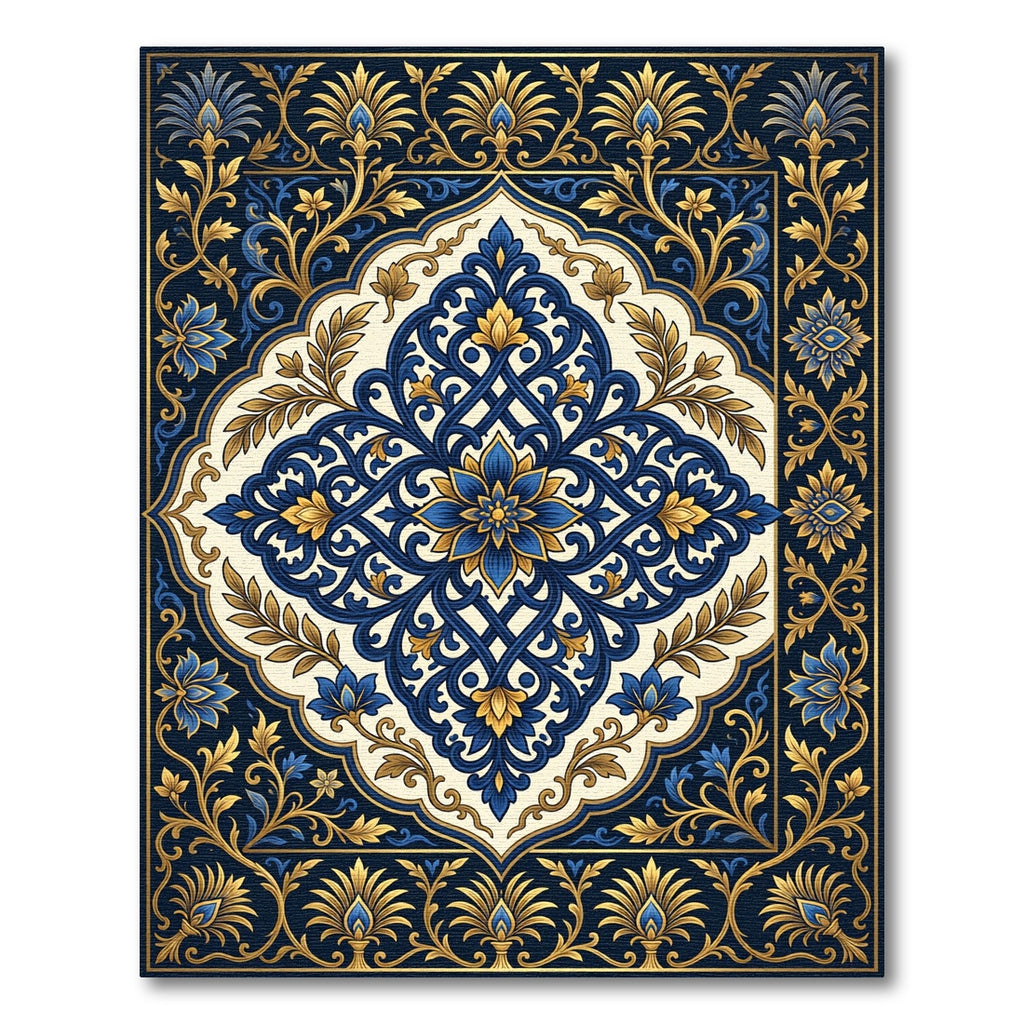 Royal Navy Blue Golden Floral Medallion Rug