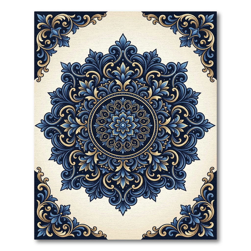 Intricate Blue Golden Floral Medallion Rug