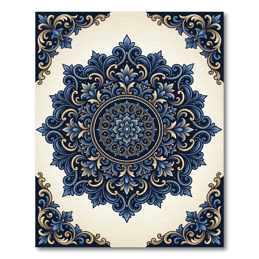 Intricate Blue Golden Floral Medallion Rug