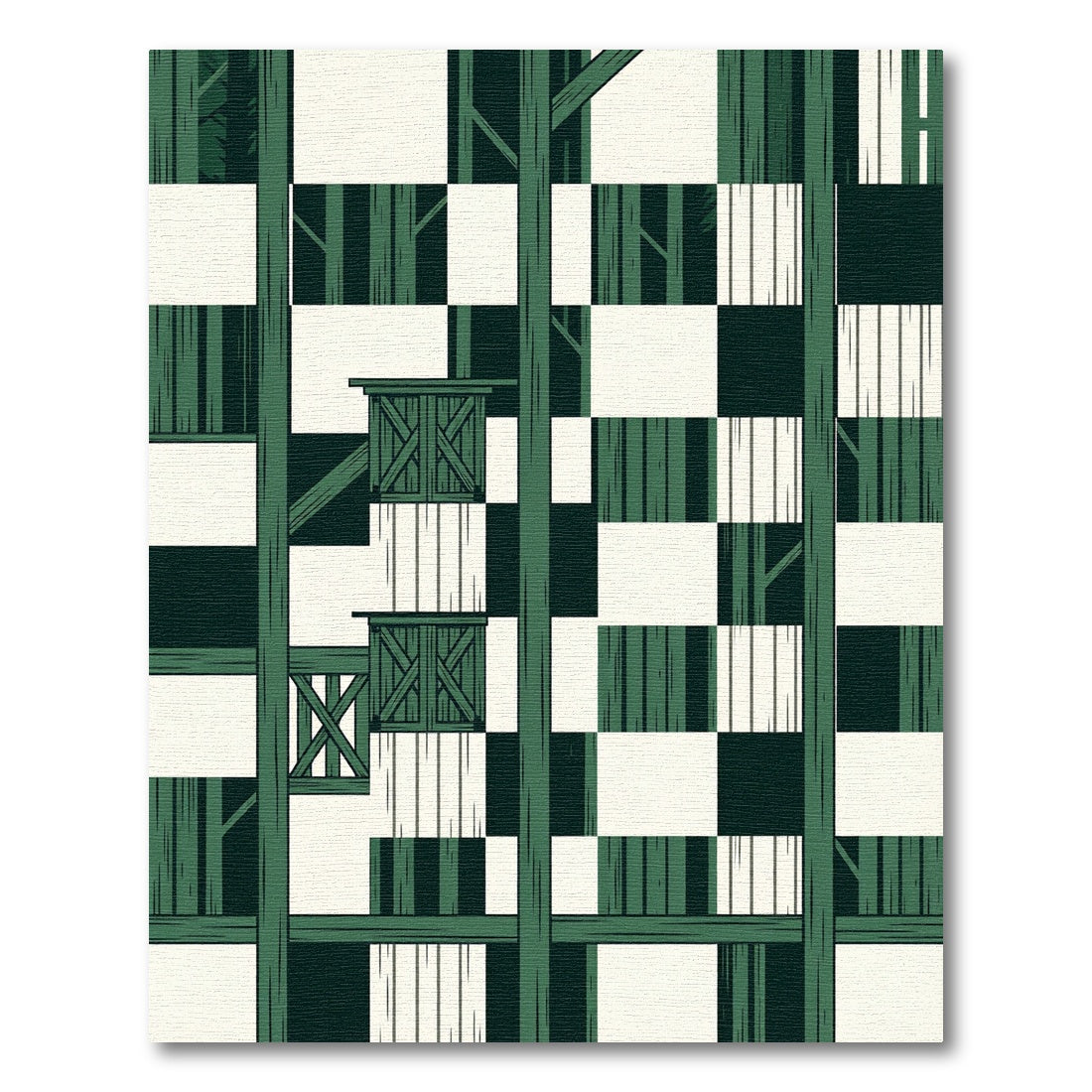 Modern Forest Green Geometric Checkered Grid Rug