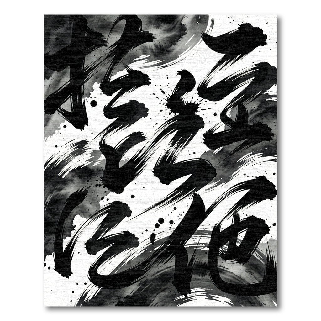 Bold Black Ink Wash Calligraphy Rug