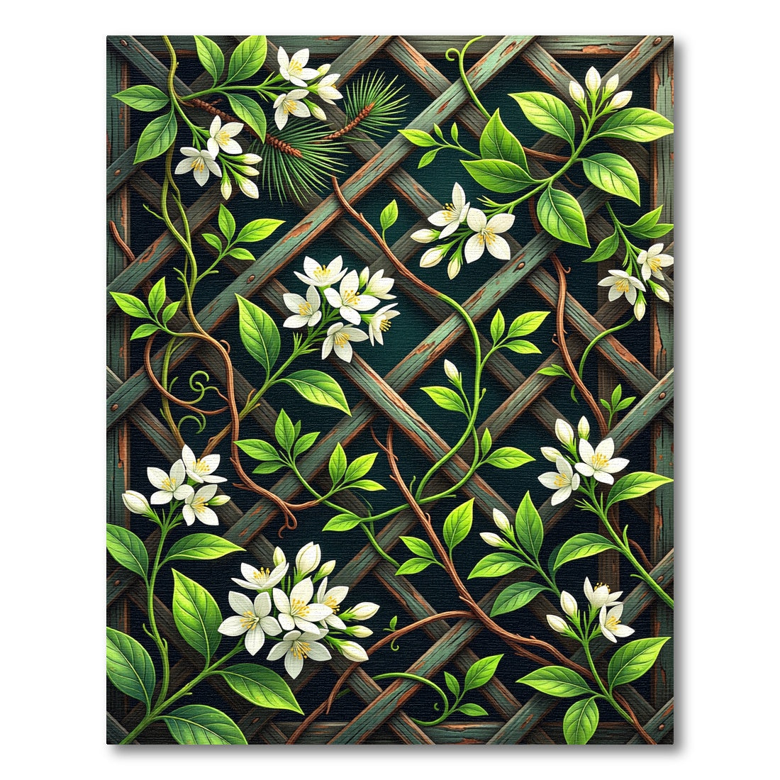 White Jasmine Vine Lattice Trellis Rug