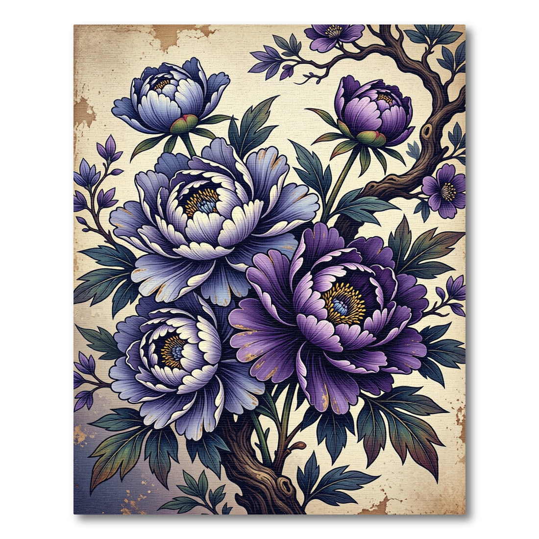 Vintage Purple Peony Floral Branch Rug