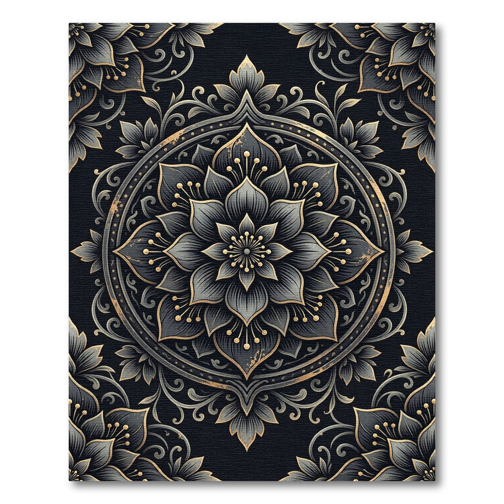 Elegant Charcoal Gold Floral Mandala Rug
