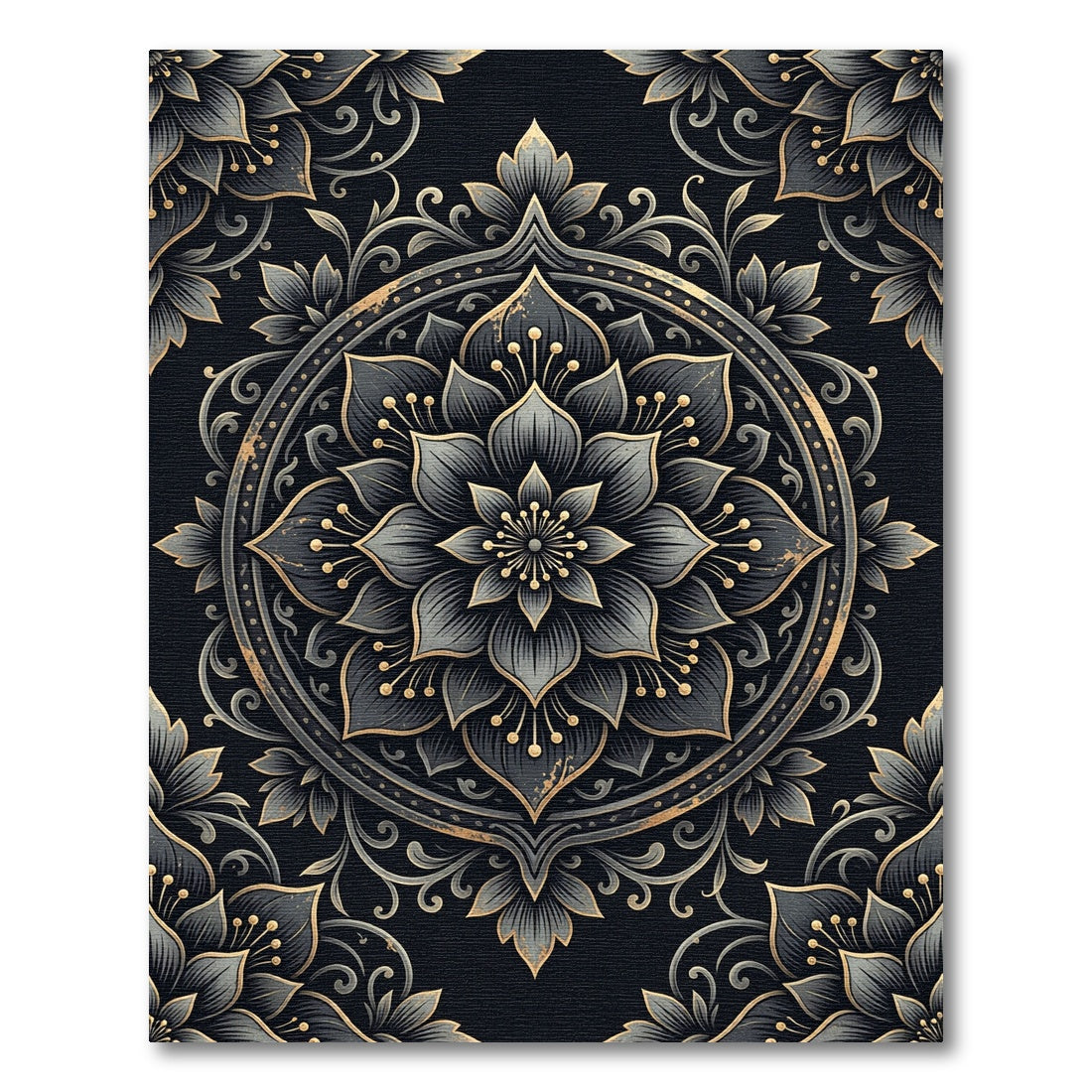 Elegant Charcoal Gold Floral Mandala Rug