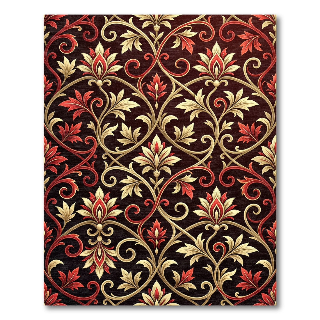 Rich Red Gold Floral Scrollwork Arrangement Rug