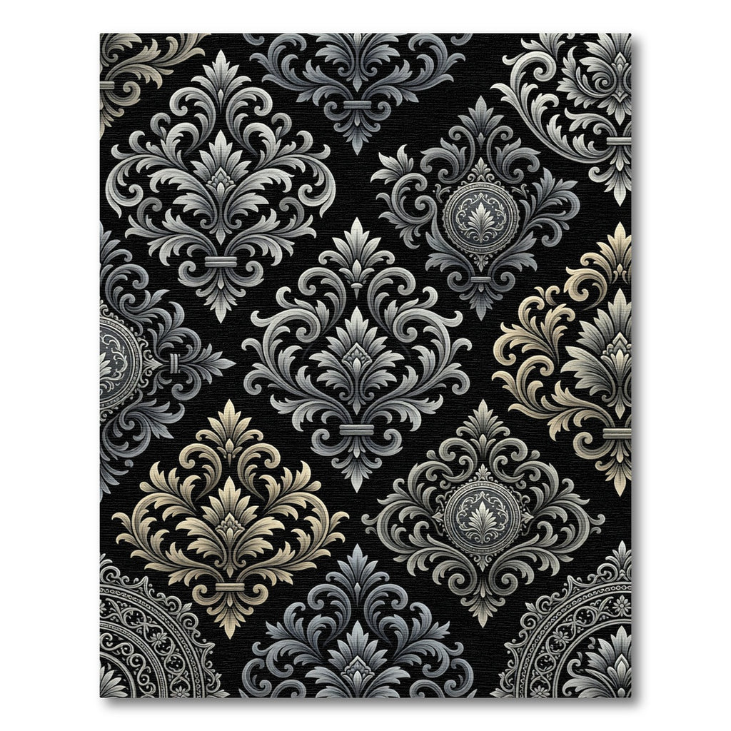 Ornate Gray Gold Accents Damask Rug