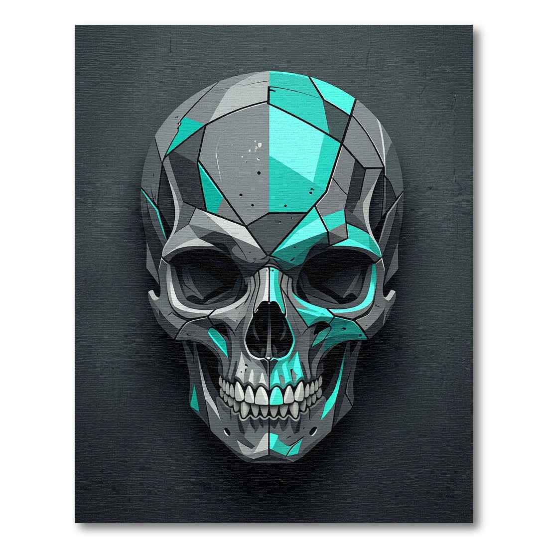 Geometric Teal and Gray Robotic Skull Rug