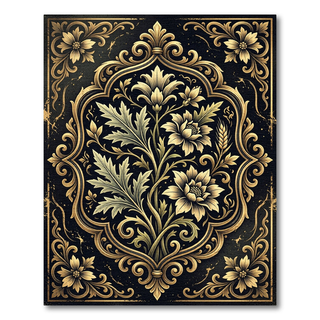Ornate Gold Floral Black Damask Rug
