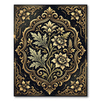 Ornate Gold Floral Black Damask Rug