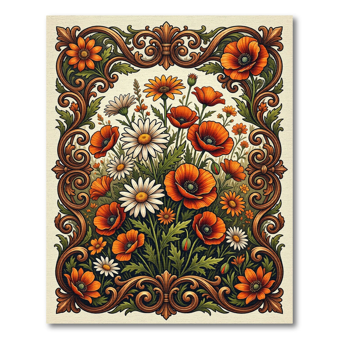Ornate Poppy and Daisy Meadow Scroll Rug