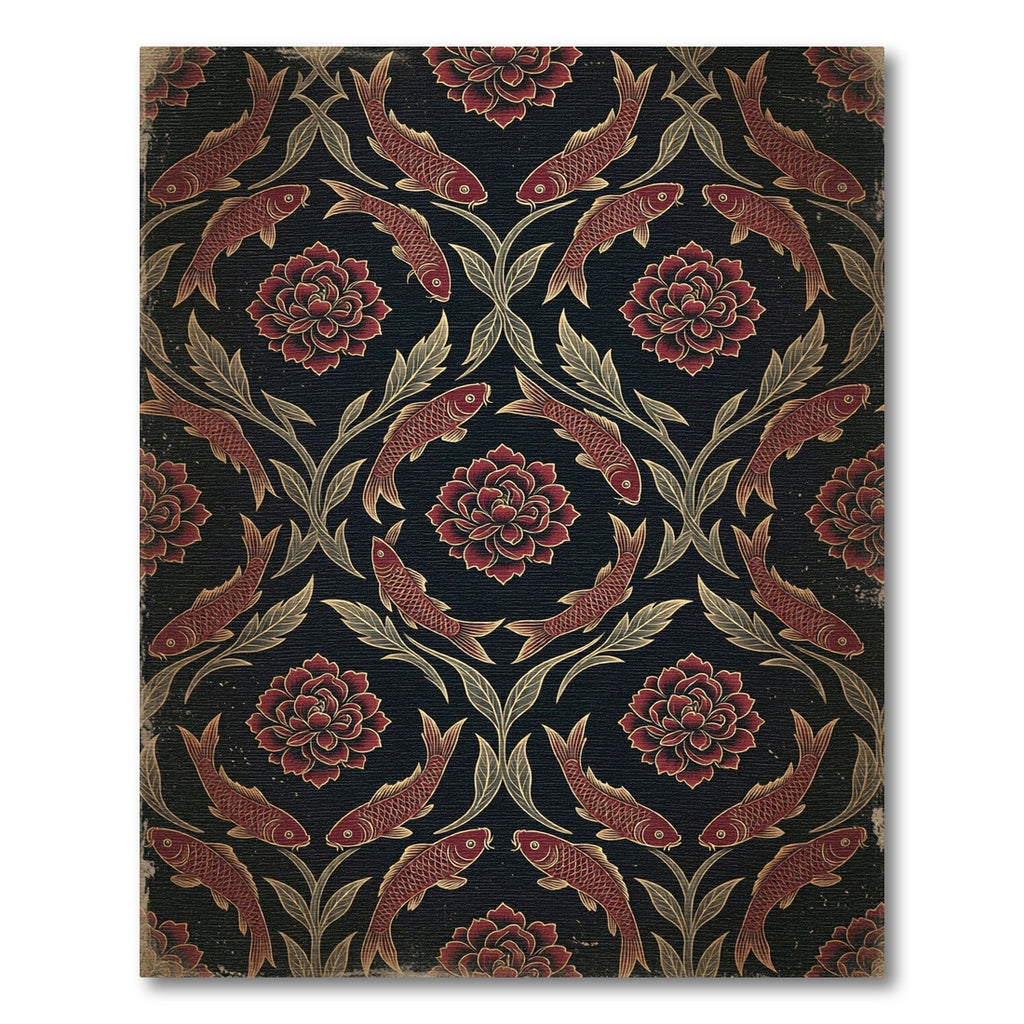 Vintage Crimson Koi and Peony Foliage Rug