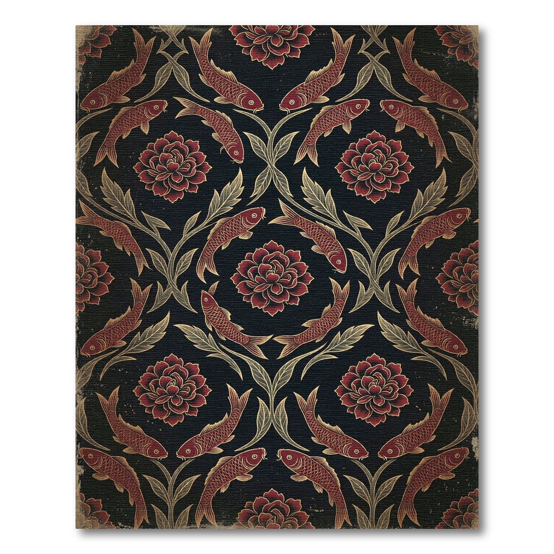 Vintage Crimson Koi and Peony Foliage Rug