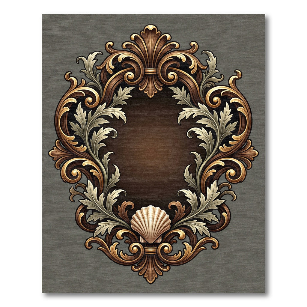 Ornate Gold Brown Seashell Scrollwork Rug