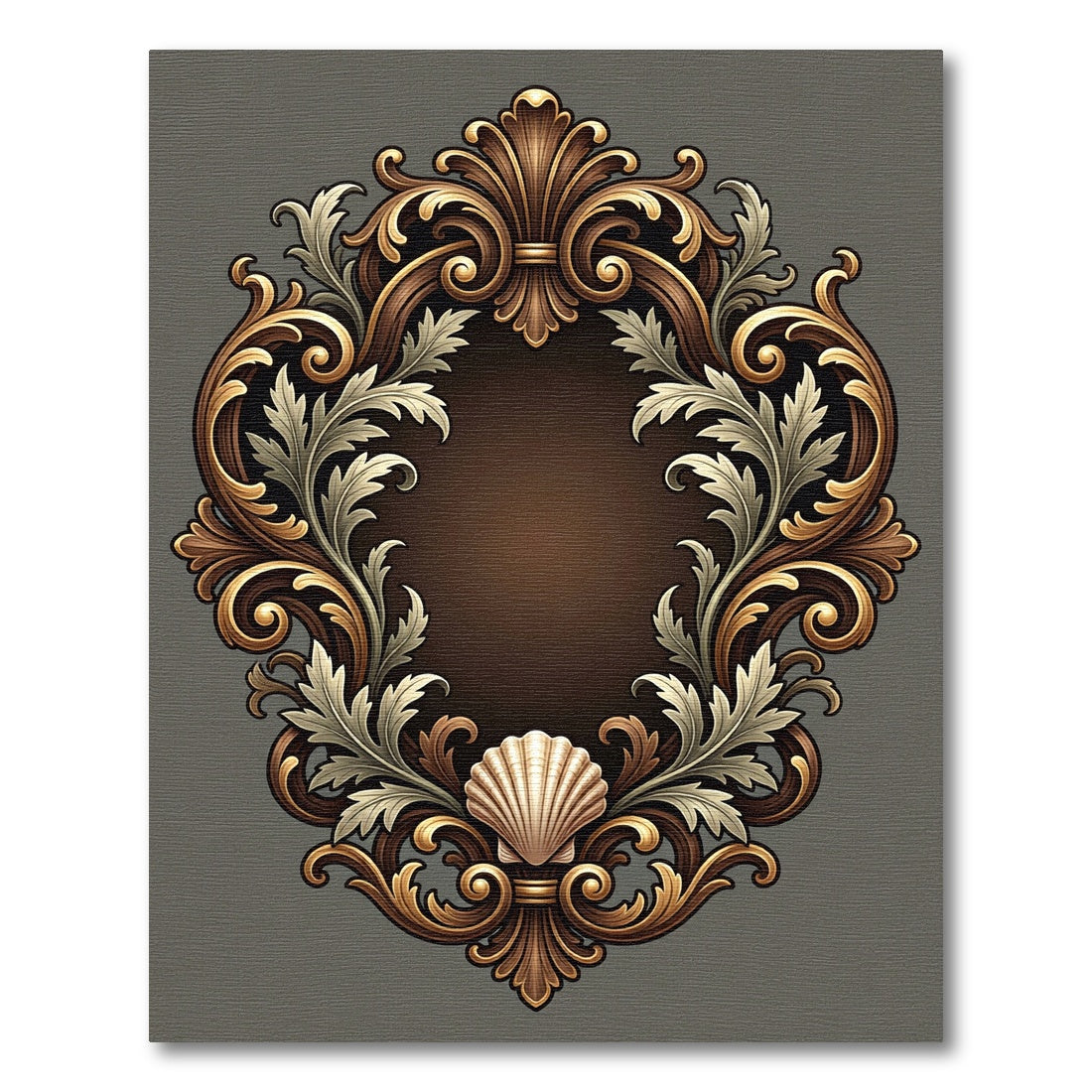 Ornate Gold Brown Seashell Scrollwork Rug