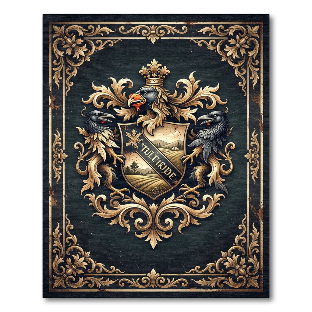 Gothic Gold Raven Heraldic Crest Area Rug