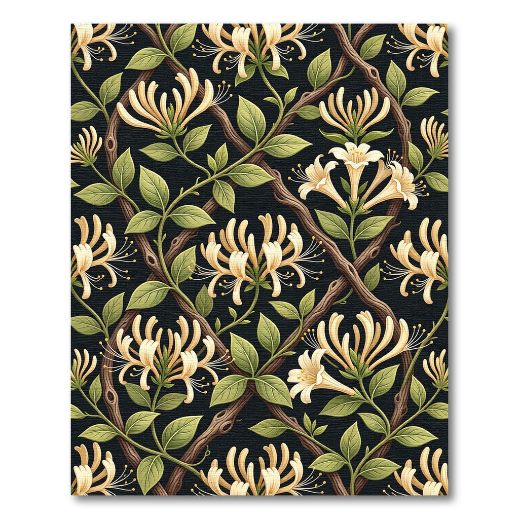 Cream Honeysuckle Botanical Trellis Black Background Rug