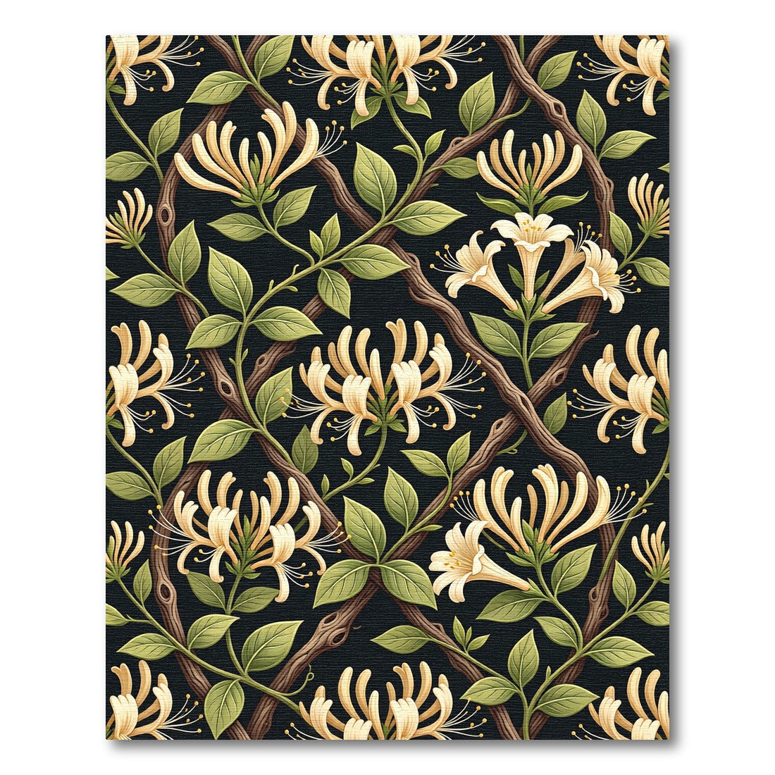 Cream Honeysuckle Botanical Trellis Black Background Rug