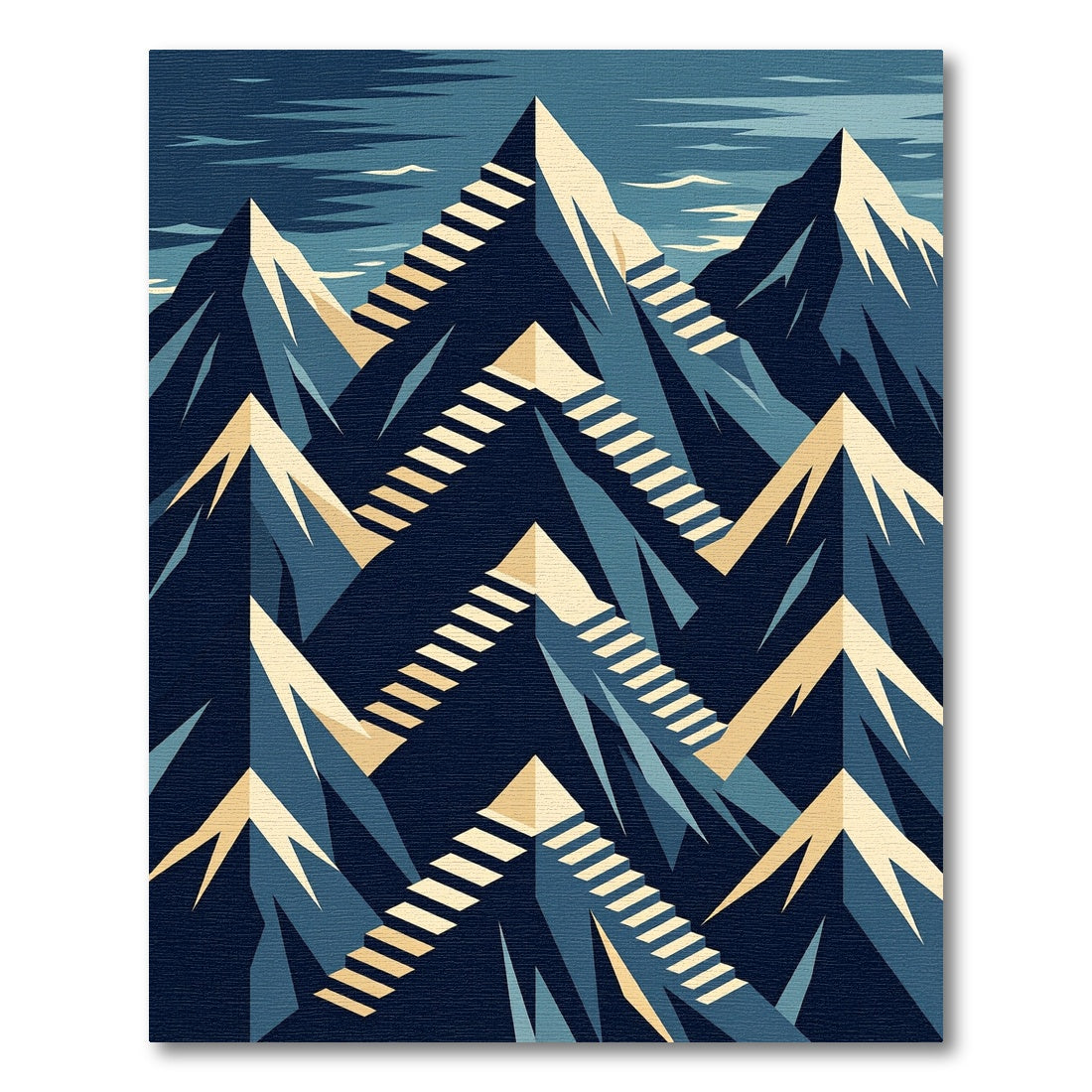 Geometric Blue Mountain Staircase Art Rug