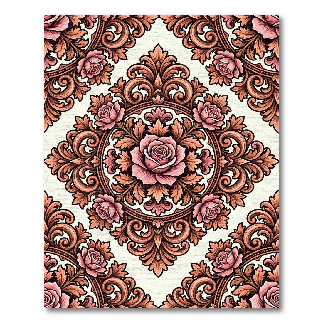Vintage Pink Rose Floral Damask Rug