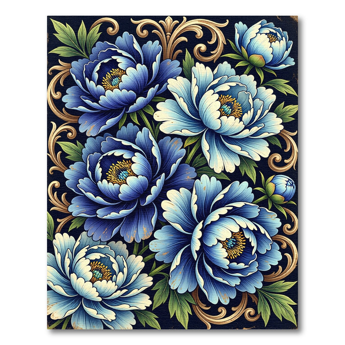 Intricate Blue Peony Floral Swirl Rug