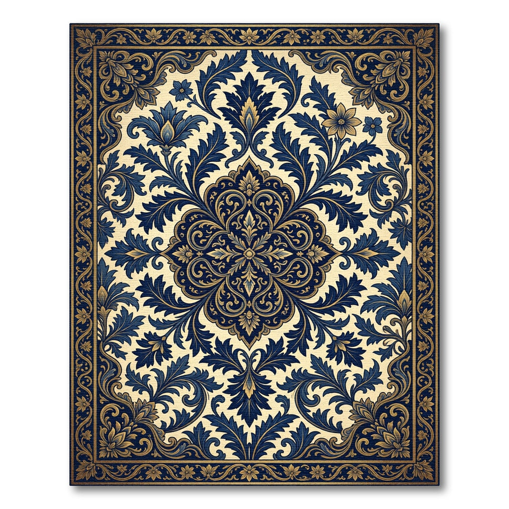 Gilded Navy Scrollwork Floral Medallion Rug