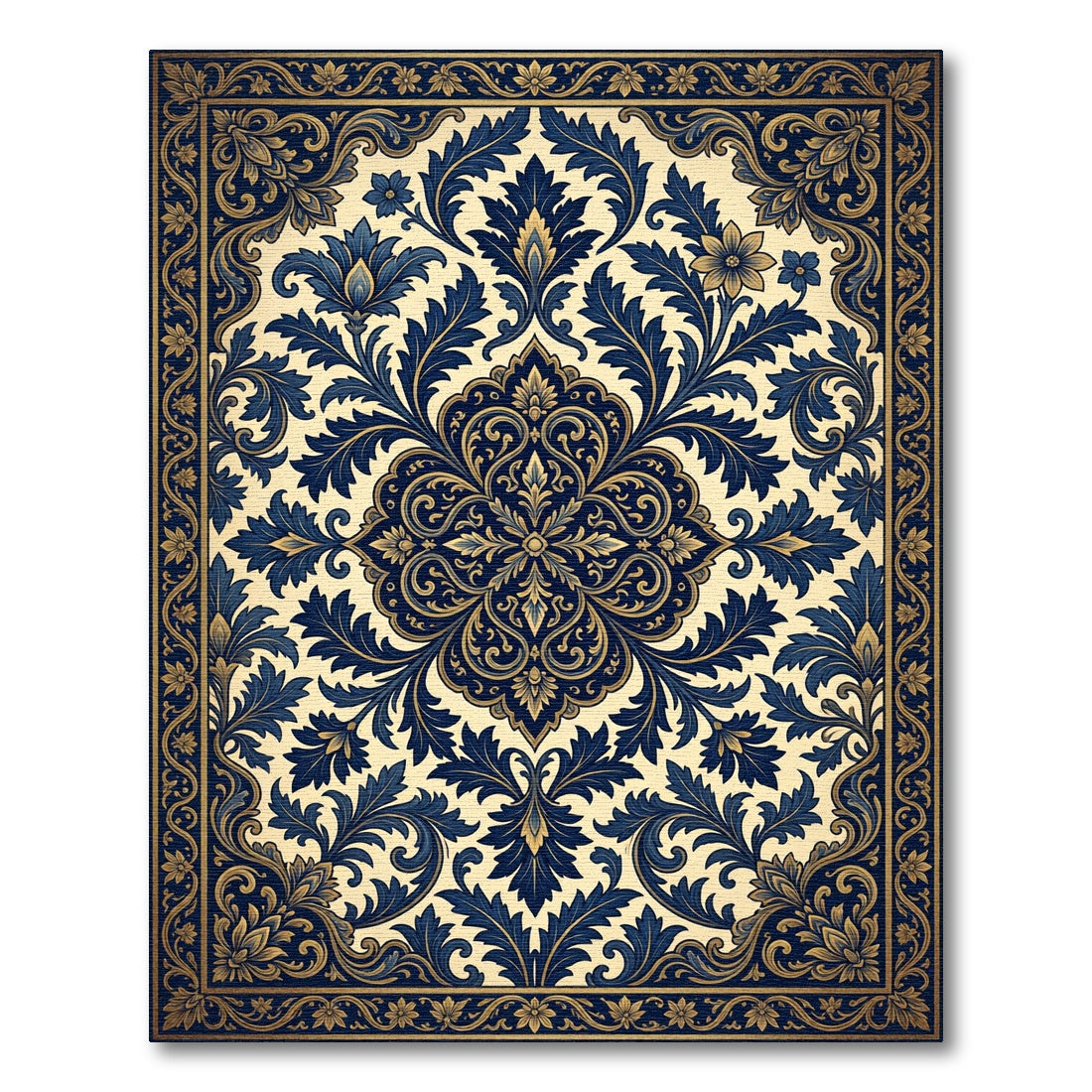 Gilded Navy Scrollwork Floral Medallion Rug