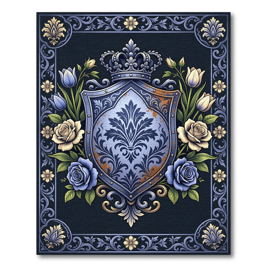 Royal Blue Floral Shield Crest Rug