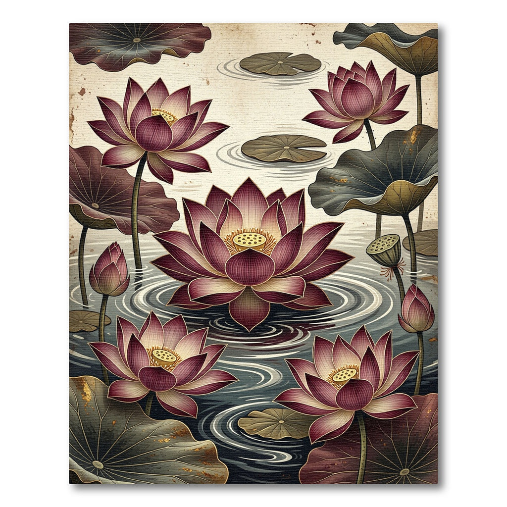 Crimson Lotus Pond Floral Art Rug