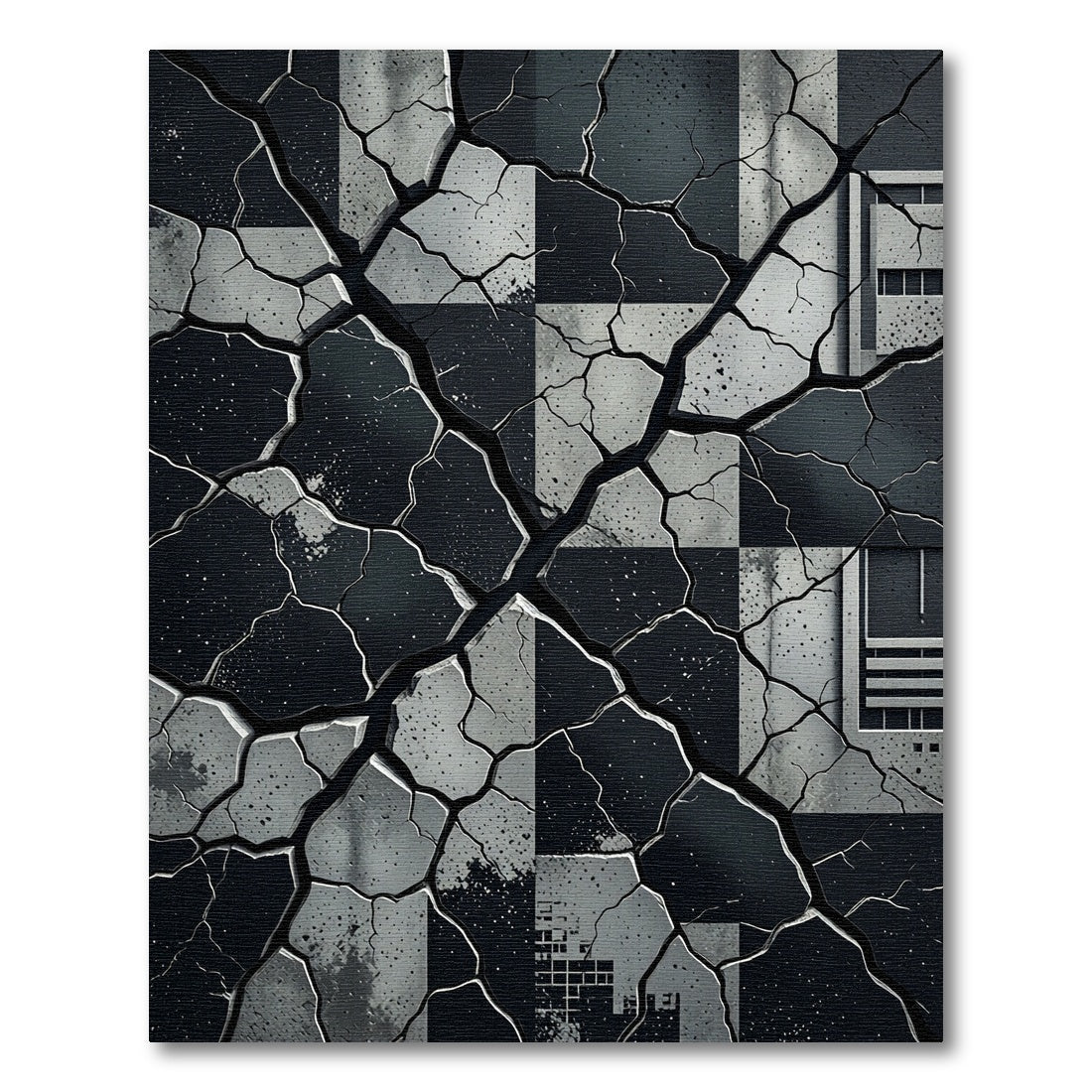 Cracked Black and White Geometric Squares Rug