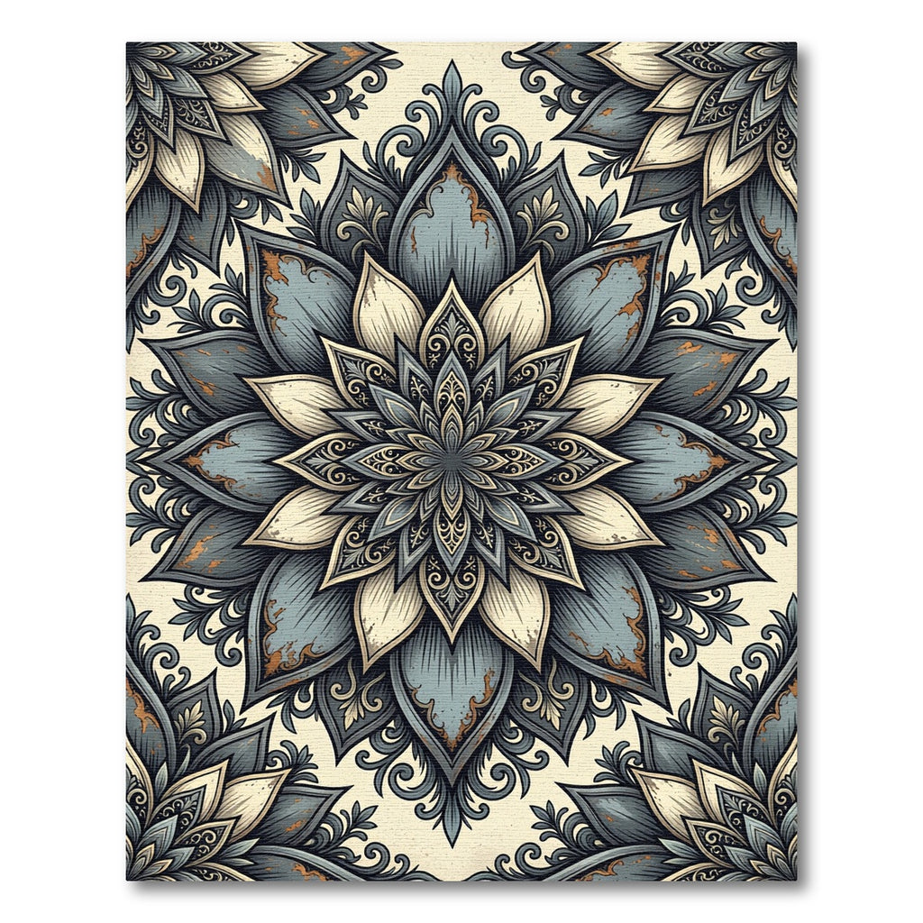 Distressed Slate Blue Floral Medallion Rug