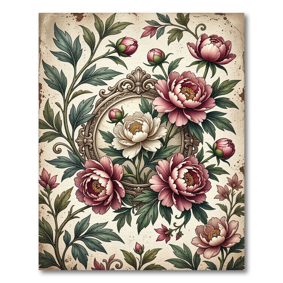 Antique Peony Floral Oval Medallion Rug