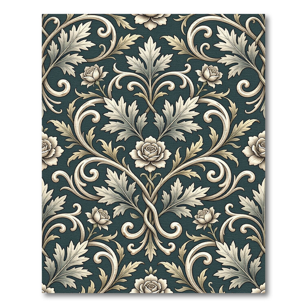Elegant Cream Floral Damask Dark Teal Rug