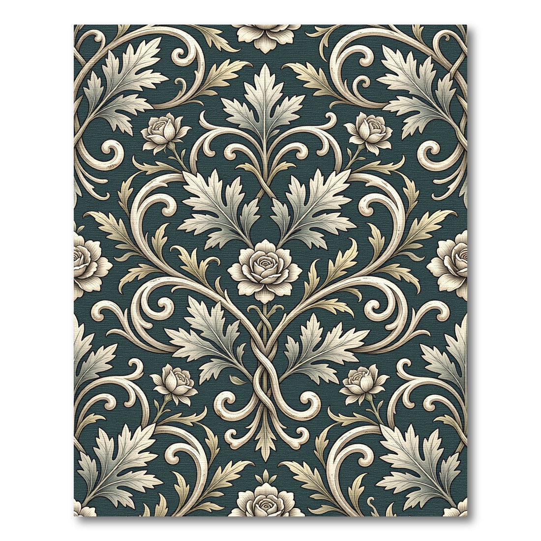 Elegant Cream Floral Damask Dark Teal Rug
