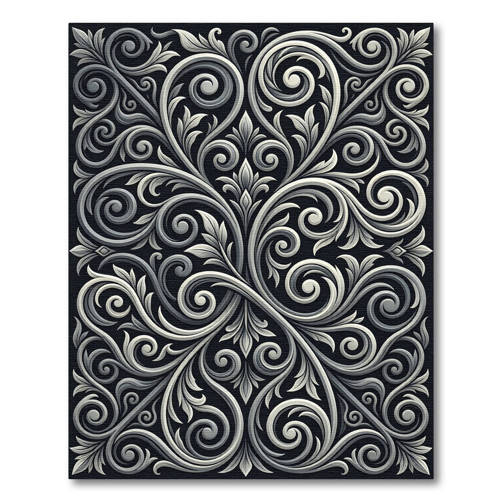 Ornate Grey Scrollwork Flourish Rug